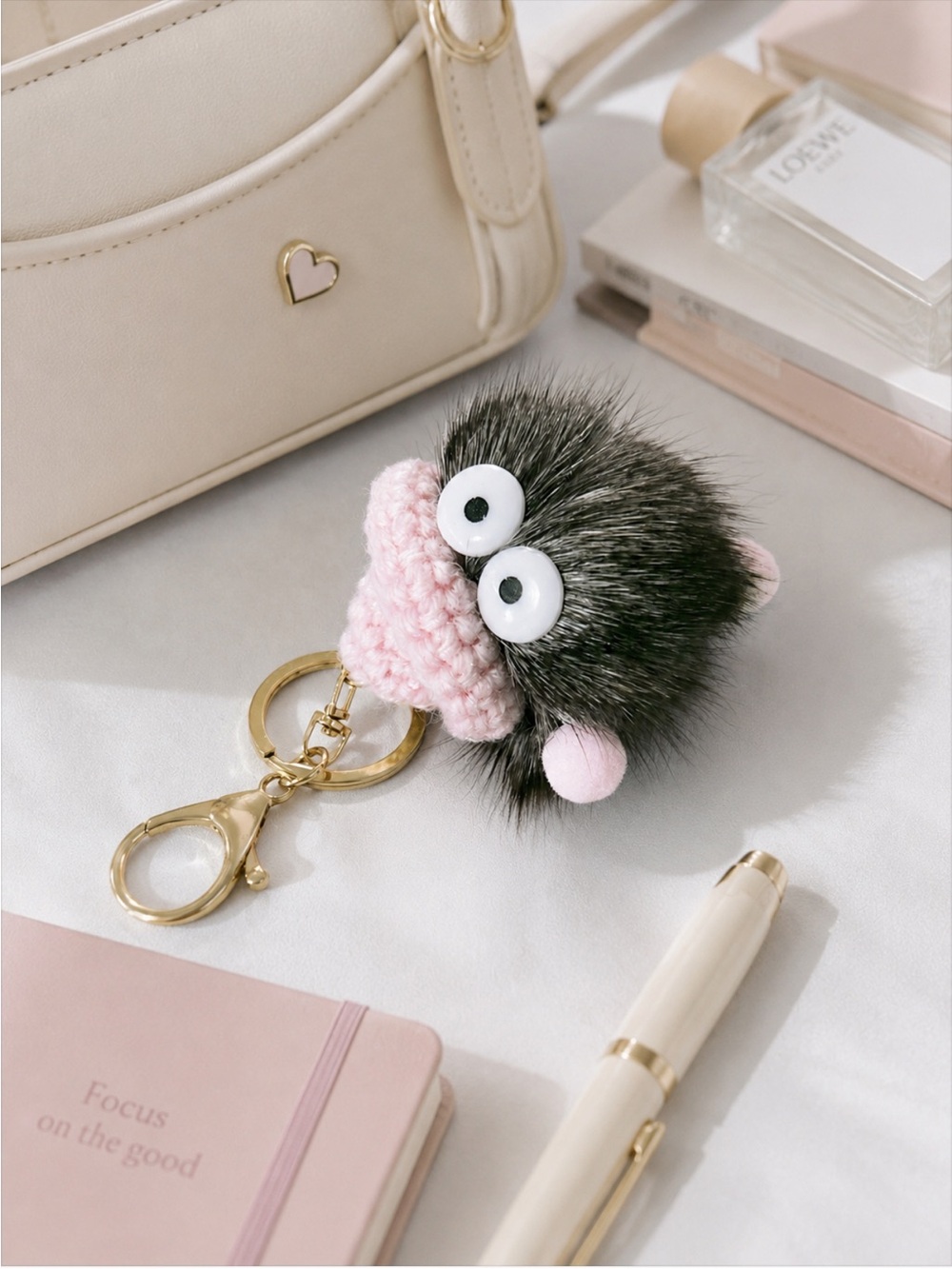 Handmade Furry coal ball Keychain with Pink hat